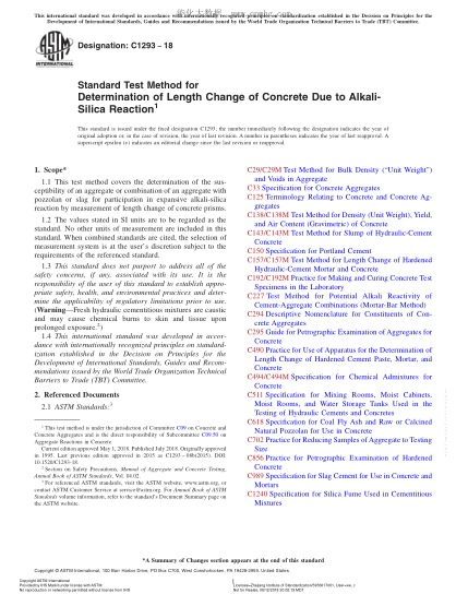 ASTM C1293-2018 Standard Test Method for Determination of Length Change of Concrete Due to Alkali-Silica Reaction