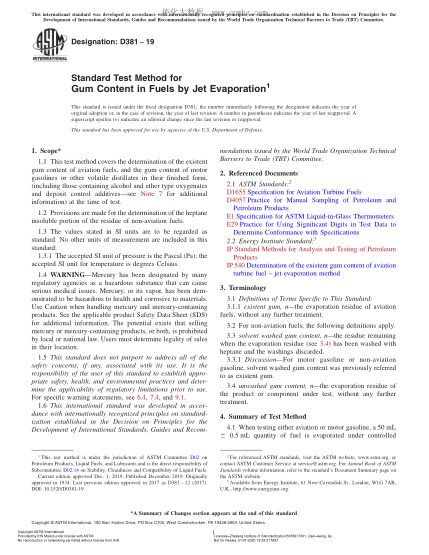 ASTM D381-2019 Standard Test Method for Gum Content in Fuels by Jet Evaporation
