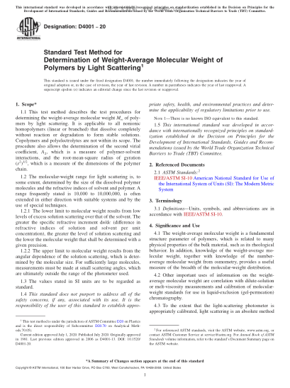 ASTM D4001-2020 Standard Test Method for Determination of Weight-Average Molecular Weight of Polymers by Light Scattering