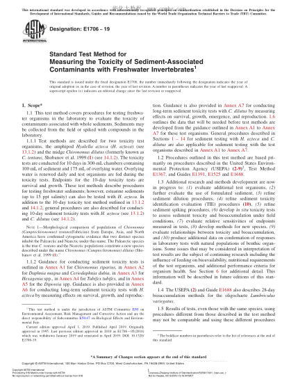 ASTM E1706-2019 Standard Test Method for Measuring the Toxicity of Sediment-Associated Contaminants with Freshwater Invertebrates