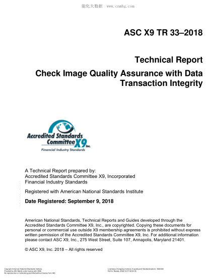 ANSI X9 TR 33-2018 Technical Report Check Image Quality Assurance with Data Transaction Integrity (ASCX9)