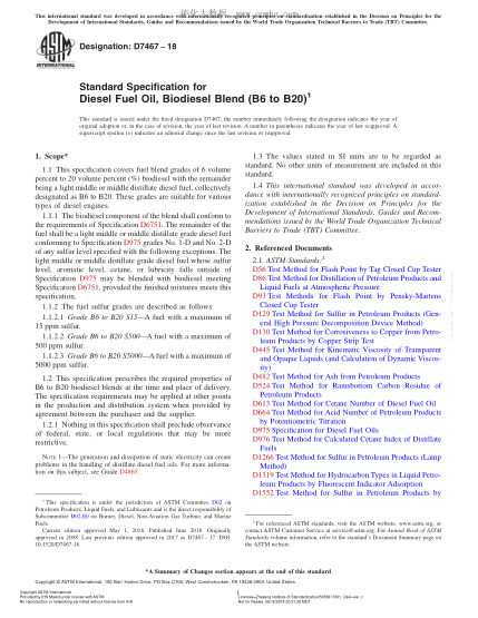 ASTM D7467-2018 Standard Specification for Diesel Fuel Oil,Biodiesel Blend (B6 to B20)