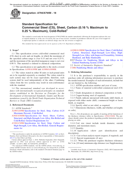ASTM A794/A794M-2018 Standard Specification for Commercial Steel (CS), Sheet, Carbon (0.16?% Maximum to 0.25?% Maximum), Cold-Rolled