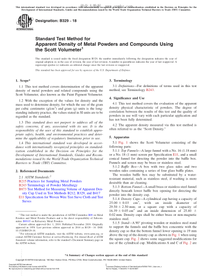 ASTM B329-2018 Standard Test Method for Apparent Density of Metal Powders and Compounds Using the Scott Volumeter