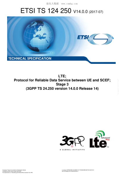 ETSI TS 124 250-2017 LTE; Protocol for Reliable Data Service between UE and SCEF; Stage 3 (V14.0.0; 3GPP TS 24.250 version 14.0.0 Release 14)