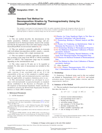 ASTM E1641-2018 Standard Test Method for Decomposition Kinetics by Thermogravimetry Using the Ozawa/Flynn/Wall Method