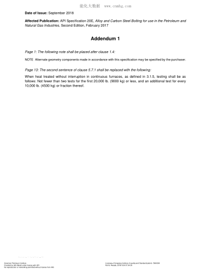 API SPEC 20E ADD 1-2017 Alloy and Carbon Steel Bolting for Use in the Petroleum and Natural Gas Industries (SECOND EDITION; Effective Date: August 2017; Addendum 1: September 2018)