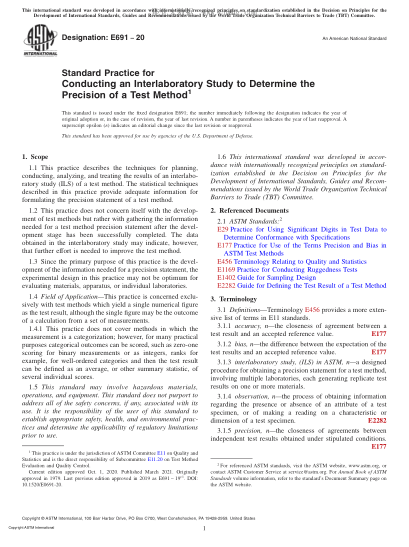 ASTM E691-2020 Standard Practice for Conducting an Interlaboratory Study to Determine the Precision of a Test Method