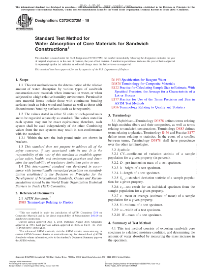 ASTM C272/C272M-2018夾層結構芯材吸水性試驗方法Standard Test Method for Water Absorption of Core Materials for Sandwich Constructions
