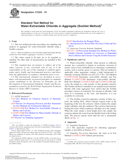 ASTM C1524-2019 Standard Test Method for Water-Extractable Chloride in Aggregate (Soxhlet Method)