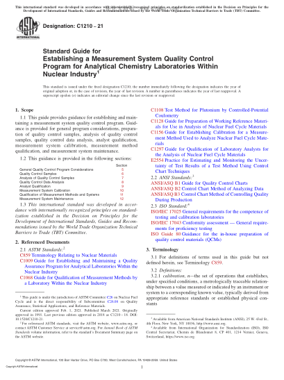 ASTM C1210-2021 Standard Guide for Establishing a Measurement System Quality Control Program for Analytical Chemistry Laboratories Within Nuclear Industry