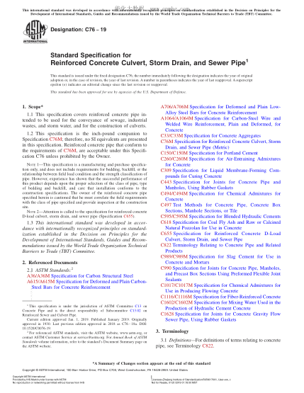 ASTM C76-2019 鋼筋混凝土涵管、暴雨排水管和污水管規格 Standard Specification for Reinforced Concrete Culvert, Storm Drain, and Sewer Pipe
