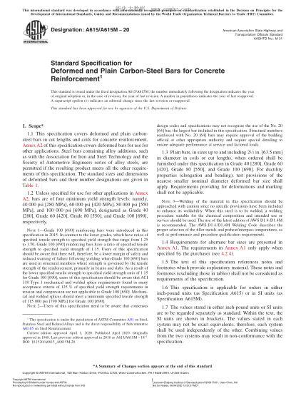 ASTM A615/A615M-2020 Standard Specification for Deformed and Plain Carbon-Steel Bars for Concrete Reinforcement