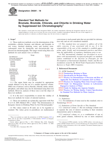 ASTM D6581-2018 Standard Test Methods for Bromate,Bromide,Chlorate,and Chlorite in Drinking Water by Suppressed Ion Chromatography