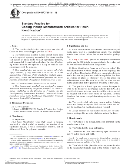 ASTM D7611/D7611M-2018 Standard Practice for Coding Plastic Manufactured Articles for Resin Identification