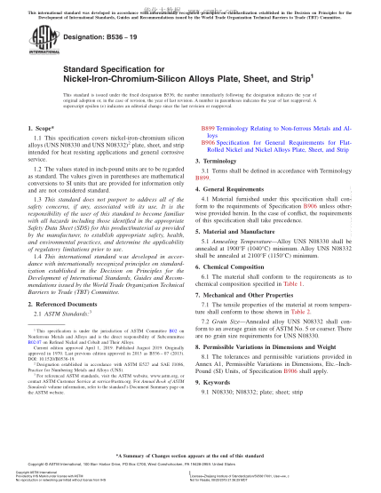 ASTM B536-2019 鎳鐵鉻硅合金(UNS NO8330和UNS NO8332)中厚板、薄板和帶材規格 Standard Specification for Nickel-Iron-Chromium-Silicon Alloys Plate, Sheet, and Strip