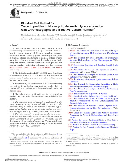 ASTM D7504-2020 Standard Test Method for Trace Impurities in Monocyclic Aromatic Hydrocarbons by Gas Chromatography and Effective Carbon Number