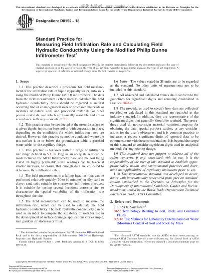 ASTM D8152-2018 Standard Practice for Measuring Field Infiltration Rate and Calculating Field Hydraulic Conductivity Using the Modified Philip Dunne Infiltrometer Test
