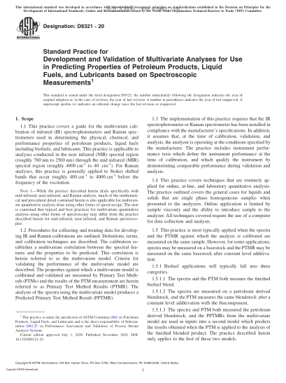 ASTM D8321-2020 Standard Practice for Development and Validation of Multivariate Analyses for Use in Predicting Properties of Petroleum Products, Liquid Fuels, and Lubricants based on Spectroscopic Measurements