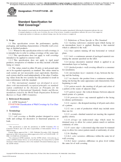 ASTM F1141/F1141M-2020 Standard Specification for Wall Coverings