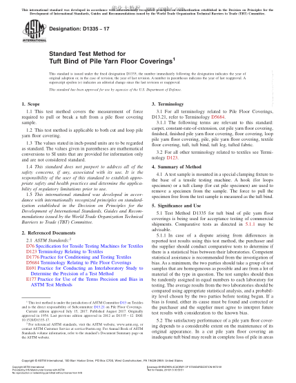 ASTM D1335-2017 簇絨地毯毛束聯(lián)結牢度試驗方法 Standard Test Method for Tuft Bind of Pile Yarn Floor Coverings