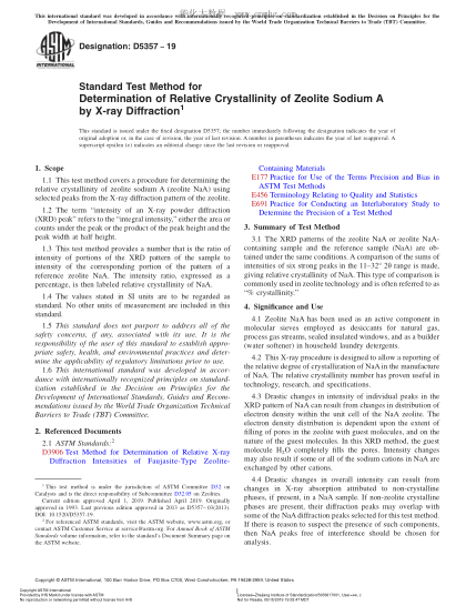 ASTM D5357-2019 Standard Test Method for Determination of Relative Crystallinity of Zeolite Sodium A by X-ray Diffraction