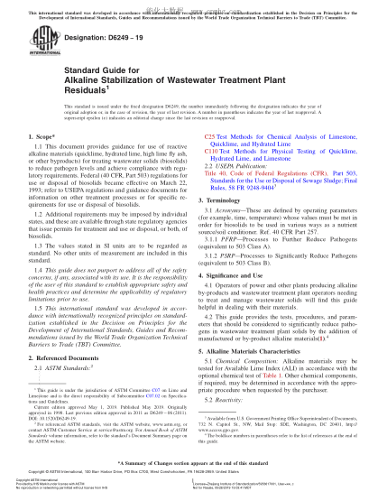 ASTM D6249-2019 廢水處理廠(chǎng)殘留物堿穩定性指南 Standard Guide for Alkaline Stabilization of Wastewater Treatment Plant Residuals