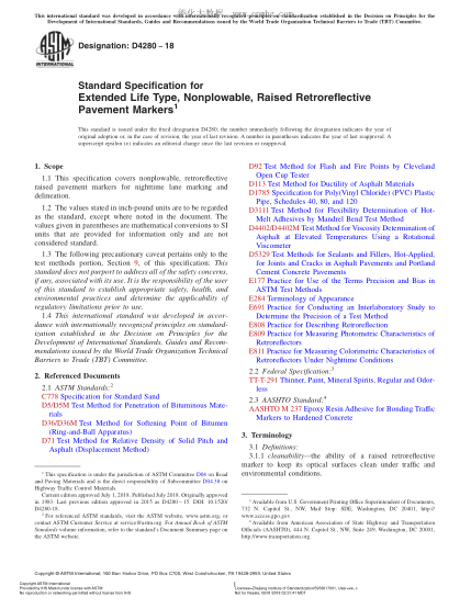 ASTM D4280-2018 Standard Specification for Extended Life Type, Nonplowable, Raised Retroreflective Pavement Markers