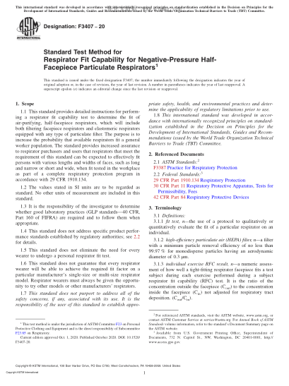ASTM F3407-2020 Standard Test Method for Respirator Fit Capability for Negative-Pressure Half-Facepiece Particulate Respirators