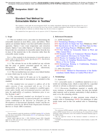 ASTM D2257-2020 Standard Test Method for Extractable Matter in Textiles