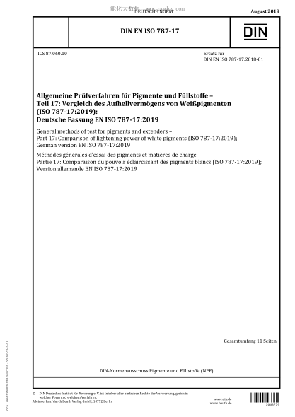 DIN EN ISO 787-17-2019 General methods of test for pigments and extenders – Part 17: Comparison of lightening power of white pigments