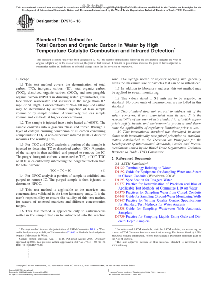 ASTM D7573-2018 Standard Test Method for Total Carbon and Organic Carbon in Water by High Temperature Catalytic Combustion and Infrared Detection