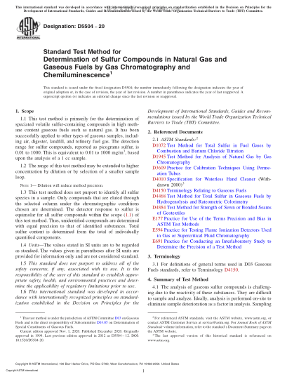 ASTM D5504-2020 Standard Test Method for Determination of Sulfur Compounds in Natural Gas and Gaseous Fuels by Gas Chromatography and Chemiluminescence