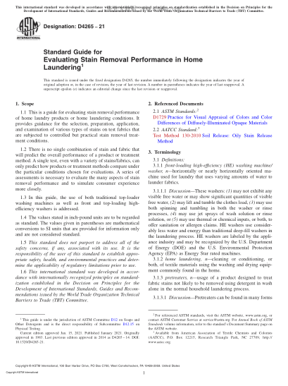 ASTM D4265-2021 Standard Guide for Evaluating Stain Removal Performance in Home Laundering