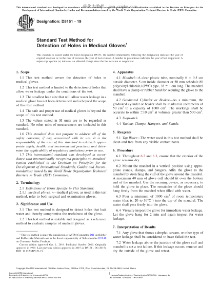 ASTM D5151-2019 Standard Test Method for Detection of Holes in Medical Gloves