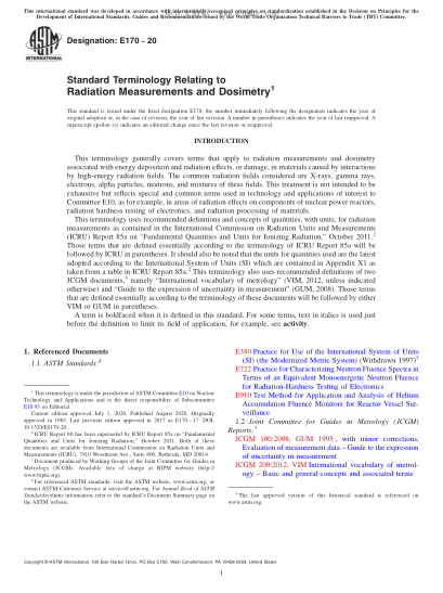 ASTM E170-2020 Standard Terminology Relating to Radiation Measurements and Dosimetry