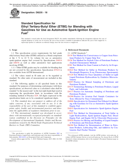 ASTM D8235-2018用作汽車(chē)火花點(diǎn)火發(fā)動(dòng)機燃料的混合了汽油的乙基叔丁基醚規格Standard Specification for Ethyl Tertiary-Butyl Ether (ETBE) for Blending with Gasolines for Use as Automotive Spark-Ignition Engine Fuel