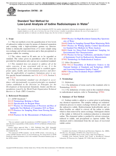 ASTM D4785-2020 Standard Test Method for Low-Level Analysis of Iodine Radioisotopes in Water