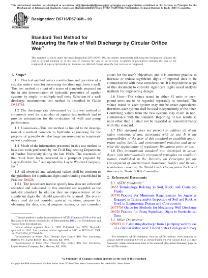 ASTM D5716/D5716M-2020 Standard Test Method for Measuring the Rate of Well Discharge by Circular Orifice Weir
