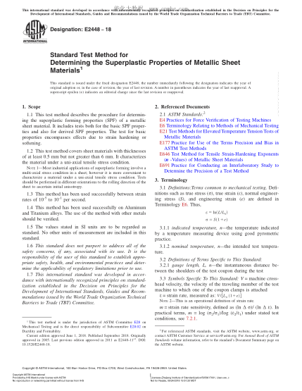 ASTM E2448-2018 Standard Test Method for Determining the Superplastic Properties of Metallic Sheet Materials