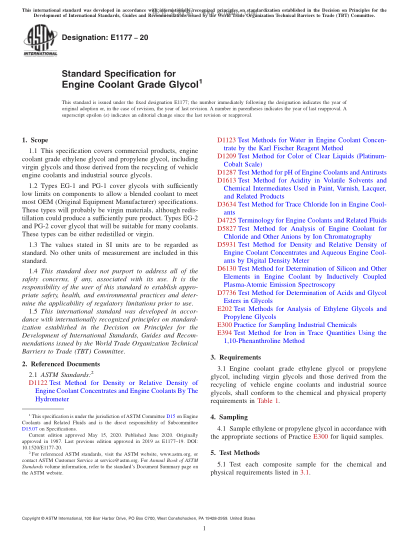 ASTM E1177-2020 Standard Specification for Engine Coolant Grade Glycol