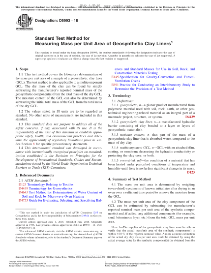 ASTM D5993-2018 Standard Test Method for Measuring Mass per Unit Area of Geosynthetic Clay Liners