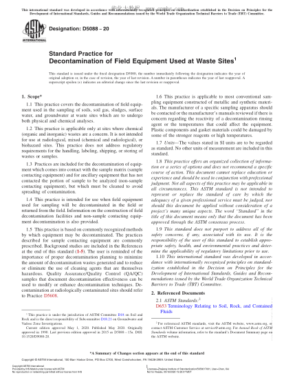 ASTM D5088-2020 Standard Practice for Decontamination of Field Equipment Used at Waste Sites
