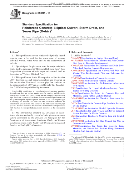 ASTM C507M-2018 Standard Specification for Reinforced Concrete Elliptical Culvert, Storm Drain, and Sewer Pipe (Metric)