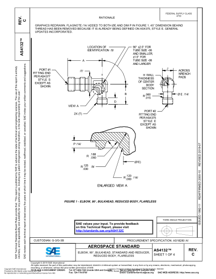 SAE AS4132C-2019 Elbow, 90°, Bulkhead, Standard And Reducer, Reduced Body, Flareless