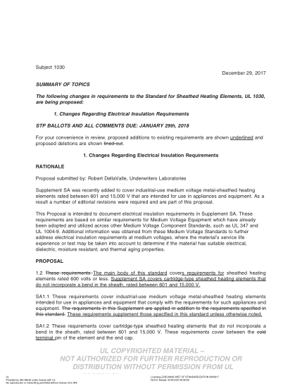 UL 1030 BULLETIN/3-2017 Ul Standard For Safety Sheathed Heating Elements (Comments Due: January 29, 2018)
