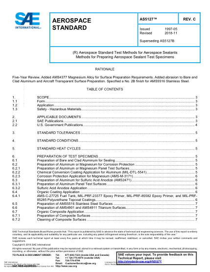 SAE AS5127C-2018 (R) Aerospace Standard Test Methods For Aerospace Sealants Methods For Preparing Aerospace Sealant Test Specimens