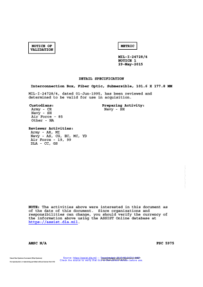 NAVY MIL-I-24728/4 VALID NOTICE 1-2015 Interconnection Box,Fiber Optic,Submersible,101.6 X 177.8 Mm
