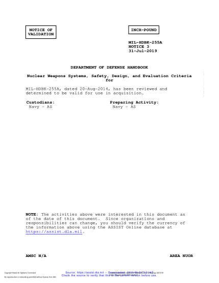 NAVY MIL-HDBK-255A VALID NOTICE 3-2019 Nuclear Weapons Systems, Safety, Design, And Evaluation Criteria For