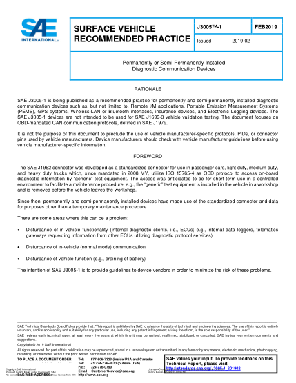 SAE J3005-1-2019 Permanently Or Semi-Permanently Installed Diagnostic Communication Devices